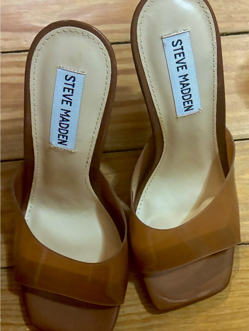 Steve Madden Tan Brown Leather Square-Toe Slide Mules